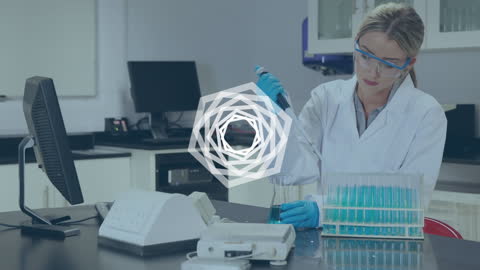 Caucasian Female Scientist in High-Tech Laboratory with Digital Overlay