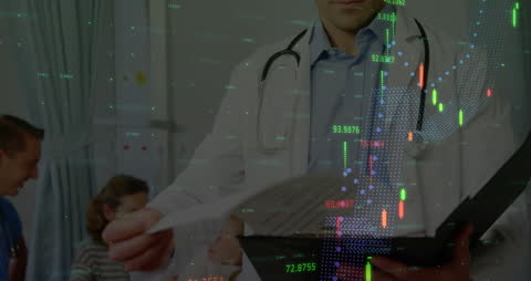 Doctor Analyzing Financial Data with Overlapping Graph Visuals