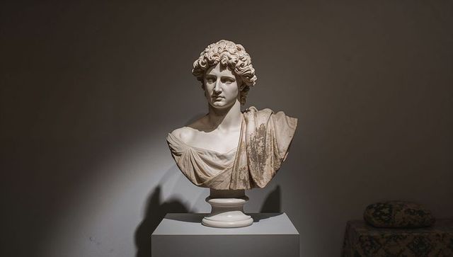 Classical marble bust under spotlight in art gallery