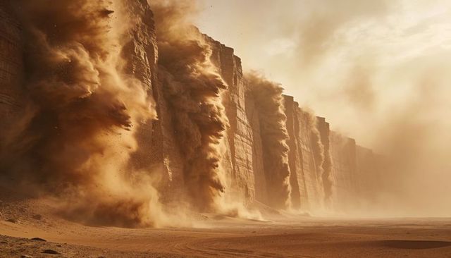 Cascading sandfalls along towering sandstone cliffs filling vast desert plain with dust