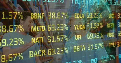 Warehouse team with financial data overlay reflecting economic strategy