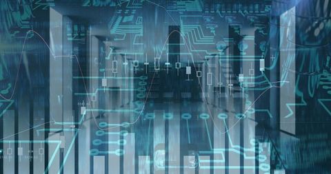 Futuristic digitized banking analytics in server room