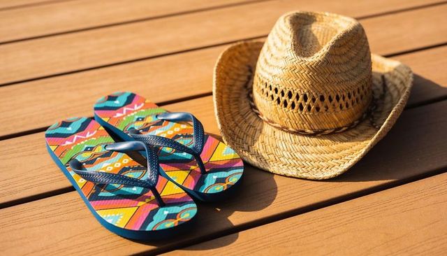 Vibrant patterned flip-flops with woven straw hat resting on sunlit wooden deck