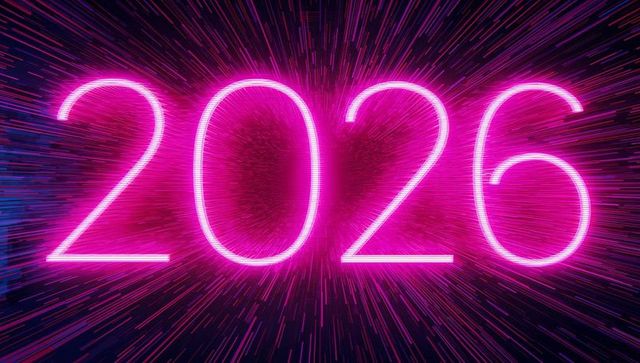 Glowing Neon 2026 Countdown Numbers Radiating Futuristic Magenta and Cyan Light Burst