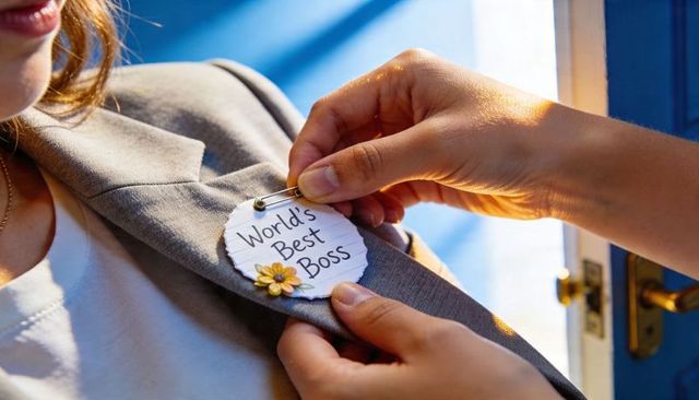 Pinning world's best boss badge on blazer lapel at sunlit blue doorway