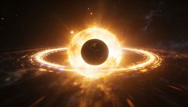 Dark planet eclipsing fiery star emitting glowing accretion ring and cosmic dust