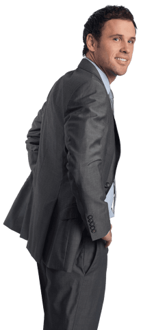Transparent Smiling Businessman in Gray Suit Posing Confidently