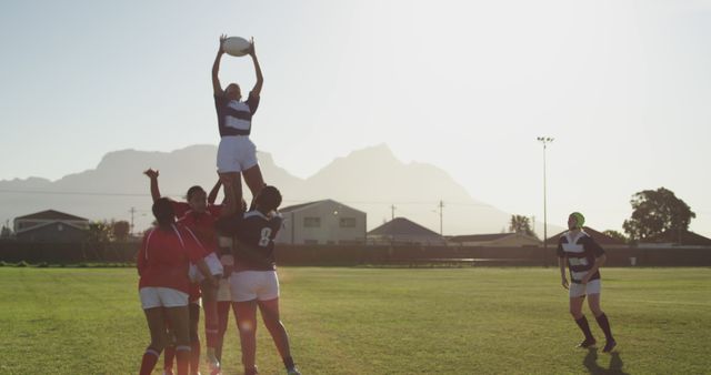 Rugby players engaging in a competitive lineout against a backdrop of sunlit mountains. Male athletes in action, collaboratively lifting a teammate to catch the ball. Ideal for use in sports-related advertisements, teamwork themes, outdoor activities promotions, or inspirational content highlighting camaraderie and athleticism.