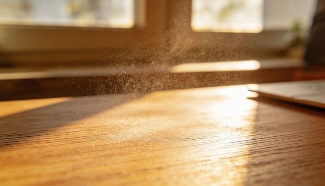 Sunlit wooden tabletop catching golden dust motes floating through warm morning sunbeam