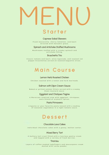 This minimalist elegant menu design with a soft color palette is perfect for upscale restaurants and cafes wanting to convey a sophisticated and classy vibe. The elegant typography and simplistic layout make it ideal for establishments that focus on fine dining experiences. This template can be used for various types of cuisine by easily updating the text to reflect the intended menu items. Perfect for creating printable or digital menus that appeal to patrons appreciating refined aesthetics.