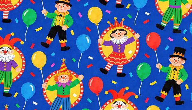 Bright circus clown seamless pattern featuring jesters, balloons, confetti on royal blue