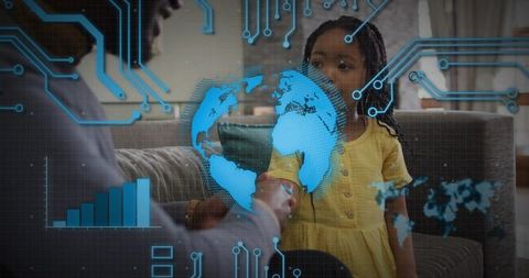 African american father and daughter holding hands with futuristic digital globe overlay