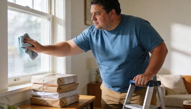 Man cleaning window with microfiber cloth while organizing wrapped parcels on table
