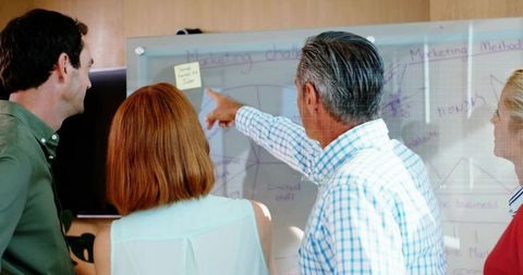Business leader pointing at glass whiteboard while team reviewing marketing strategy