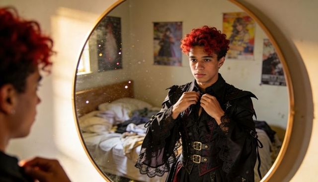 Teen adjusting victorian gothic collar in round mirror, lace corset with buckles