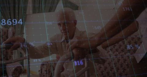 Senior reaching for walker while caregiver assisting with digital health data overlay