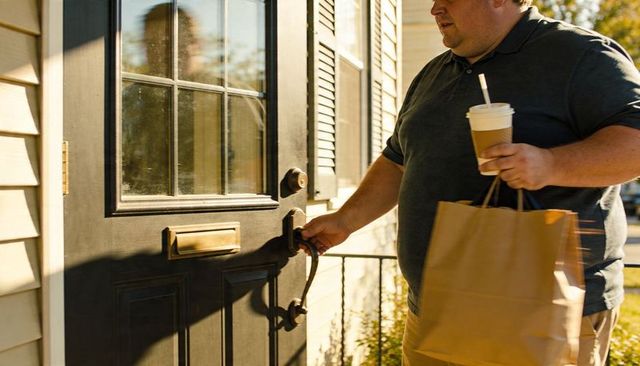 Home arrival with takeout and coffee opening black front door on sunny porch