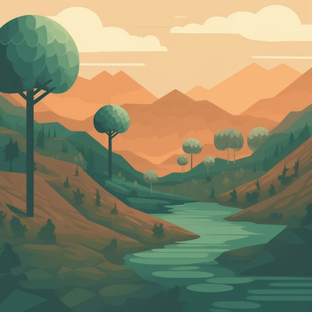 Depicts serene mountain landscape with a winding river and unique treetop shapes at sunset. Perfect for designing backdrops, nature scenes, or travel websites. Also ideal for environmental campaigns, wallpapers, and posters emphasizing tranquility and natural beauty.