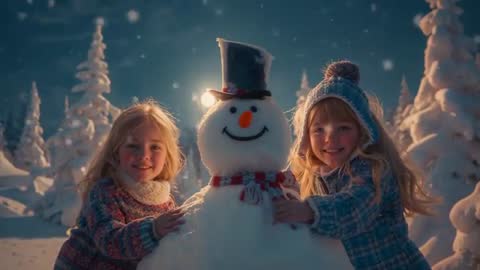 Sisters Building Snowman in Winter Wonderland Under Falling Snow