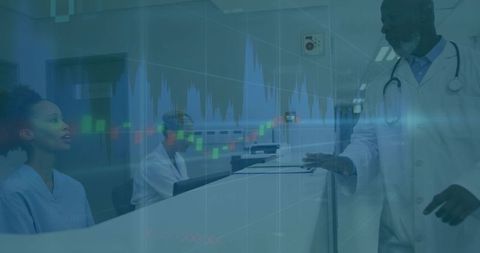 Medical team collaborating at hospital reception with digital health analytics overlay