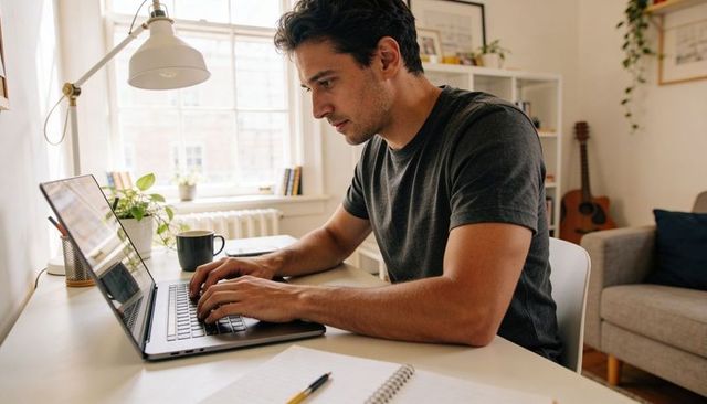 Focused man typing on laptop in bright home office workspace with notebook and guitar