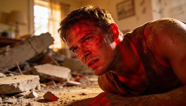 Injured man propping on arm amid collapsed room rubble, dust-covered survivor under dramatic red lig