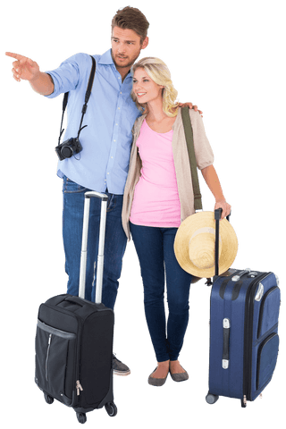Transparent couple with suitcases going on vacation