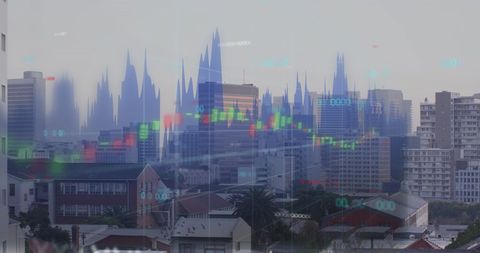 Financial Data Overlay on Cityscape with Stock Market Graphs
