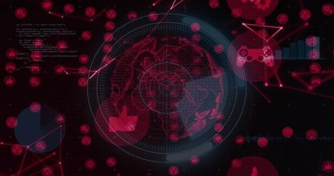 Neon Cyber HUD Globe Visualizing Global Network Metrics and Social Media Analytics