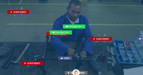 Technician assembling metal frame with social media overlays