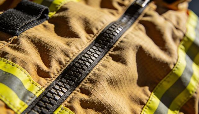 Close-up detail of firefighter turnout jacket zipper and reflective stripes on ripstop