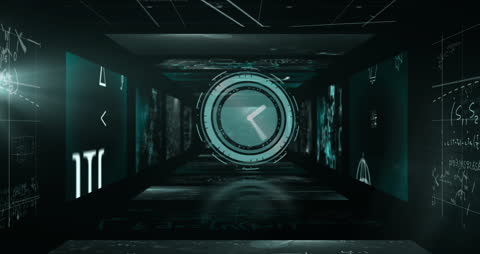 Geometric Shapes and Formulas in Futuristic Digital Tunnel