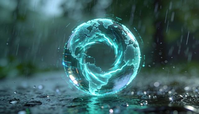Hovering holographic globe projecting teal data map above wet surface in rain
