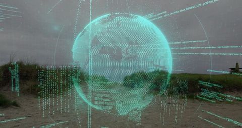 Holographic global data orb hovering over coastal dunes with streaming teal code