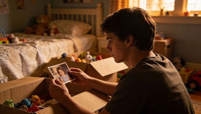 Teen boy reflecting over childhood portrait while packing toys in warm bedroom light