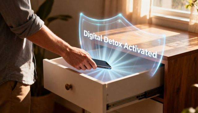 Man activating digital detox placing smartphone into drawer with holographic shield