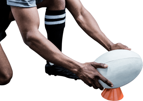 Transparent view sportsman preparing rugby ball on kicking tee