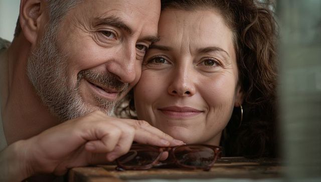 Mature couple sharing tender moment near window, pressing faces close, intimate closeup