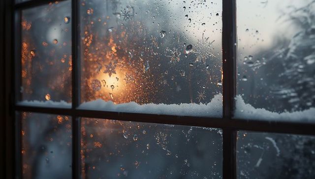 Frosted window with snowy sill at dusk