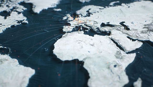 3d terrain map showing europe-north africa network with glowing city pins and links