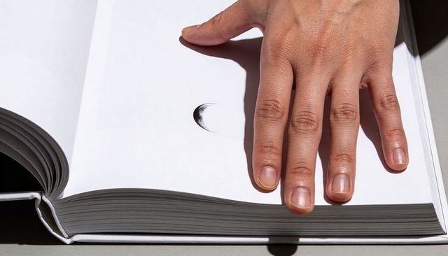 Right Hand Flattening Hardcover Book on Open White Page with Crescent Moon Print and Strong Shadow