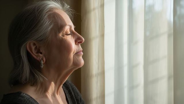 Senior woman basking in soft window light, contemplative profile portrait for wellness
