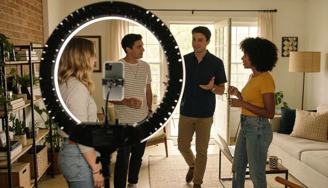 Friends filming casual living room chat with ring light and smartphone for social video