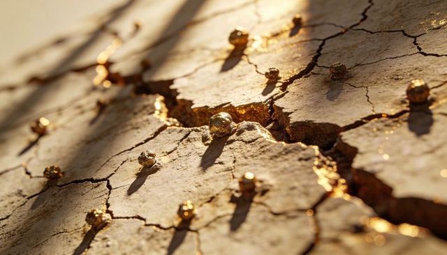 Glittering gold spheres resting on cracked parched earth with metallic veins