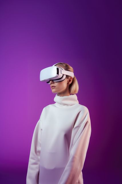 Caucasian woman wearing vr ar headset on purple background, created using generative ai technology. Augmented and virtual reality and technology concept digitally generated image.
