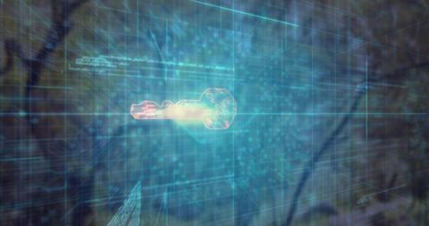 Floating glowing digital key hovering over forest with hologram grid and cyan teal glow