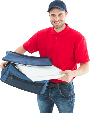 smiling transparent delivery man with pizza box in red uniform - Download Free Stock Videos Pikwizard.com