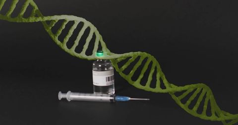 Dna strand with syringe and vaccine vial on digital background