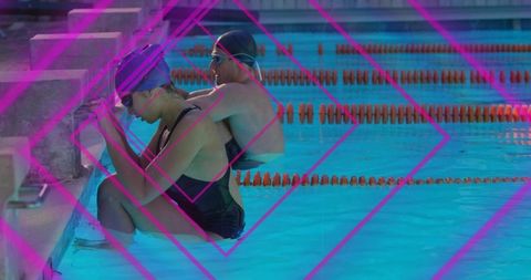 Swimmers preparing with coach assisting at lane pool under magenta reflections