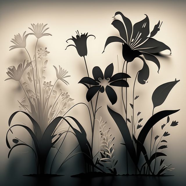 This image showcasing various wildflowers in silhouette form against a neutral background is perfect for nature or botanical art themes. It can be used in home decor, as a background for greeting cards, in minimalistic designs, or as part of digital print collections. The shadow effect adds depth and dimension, making it suitable for artistic projects.